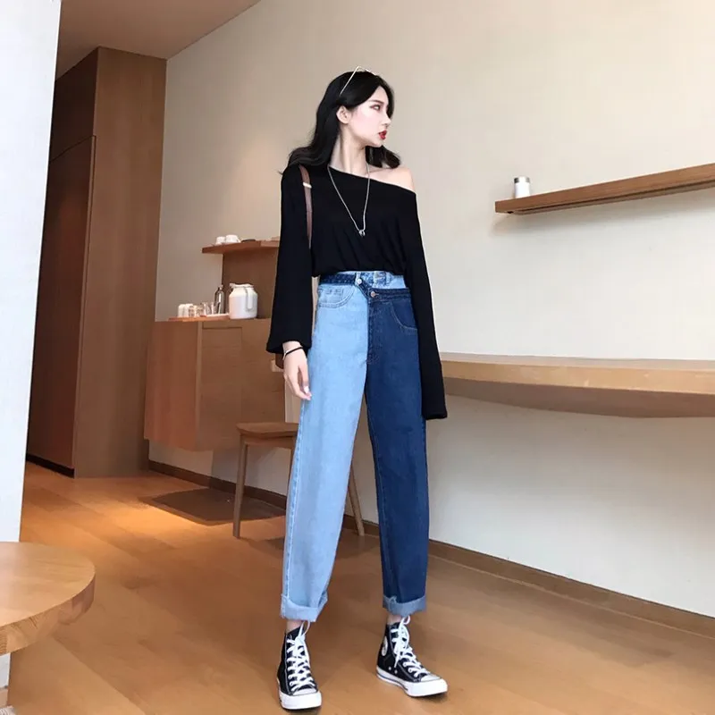 High Waist Patchwork Hit Color Detachable Blue Jeans Straight Denim Pants Women
