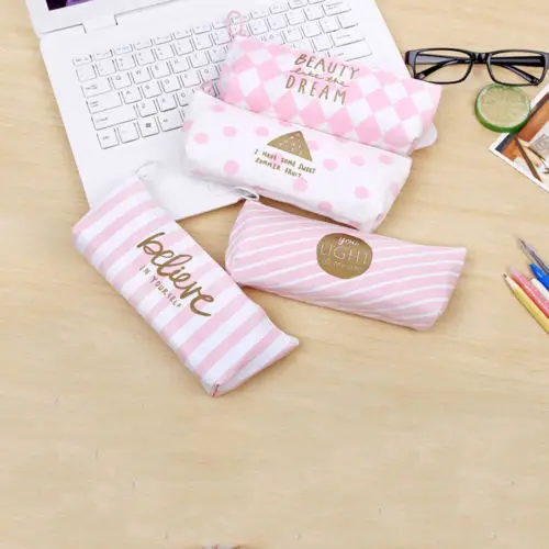 

Cute Pink striped Pencil Pen Coin Purse Pouch Case Bag Cosmetic bag Makeup Storage Bag
