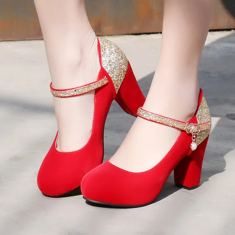 

Big Size 11 12 13 ladies high heels women shoes woman pumps Suede round head, thick heel and high heel color-matching buckle