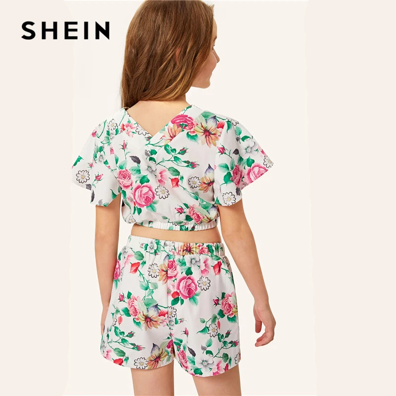 SHEIN كيدي المحاصيل التفاف الأزهار أعلى و القوس السراويل بوهو الفتيات الملابس 2019 الصيف قصيرة الأكمام عارضة المراهقين فتاة الملابس