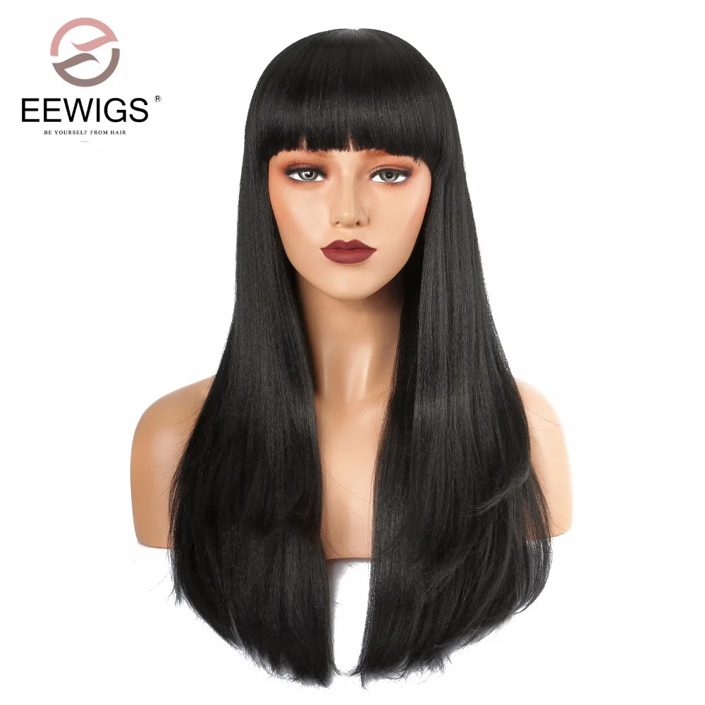 

EEWIGS Yaki Straight Long Wig With Flat Bang Natural Synthetic Wigs Black Color Machine Made Wig Glueless Black Hair Wigs