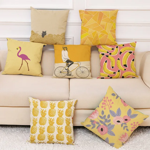 Yellow Geometric Decorative Cotton Linen Cushion Cover Grey Grid Yellow Geometric Decorative Cotton Linen Cushion Cover Grey Grid Printed Sofa Throw Pillow Car Chair Home