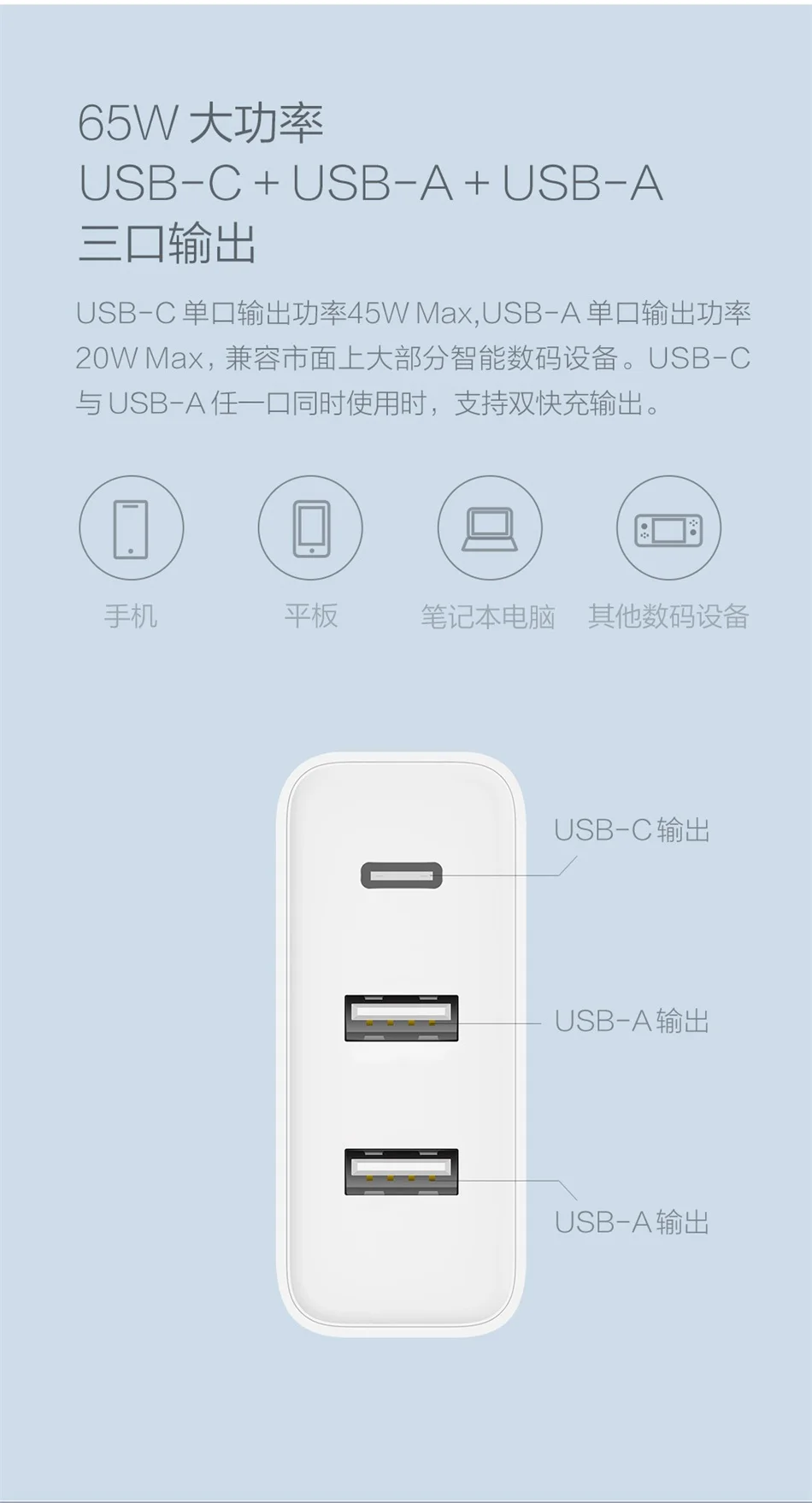 Оригинальное зарядное устройство Xiaomi ZMI USB 65 Вт 3 порта для Android iOS переключатель умный выход type-C 45 Вт USB-A 20 Вт Быстрая зарядка с usb-кабелем