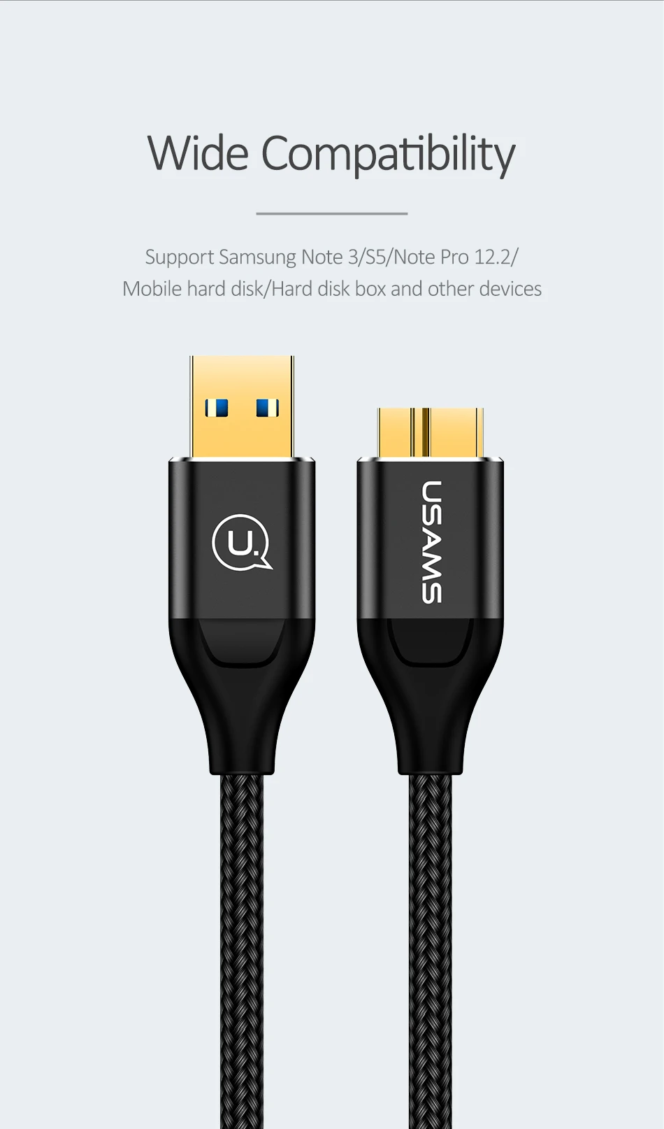 USAMS 2A USB 3,0 type A к Micro B Кабель для передачи данных для samsung Note 3/S5/Note Pro Кабель для быстрой зарядки жесткий диск шнур для зарядки