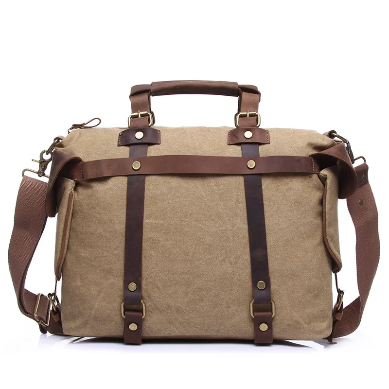 

YUPINXUAN Men's Vintage Canvas Leather Briefcase Large Capacity Travel Handbag 14" Laptop Shoulder Bags Rivets Crossbody Bag Big