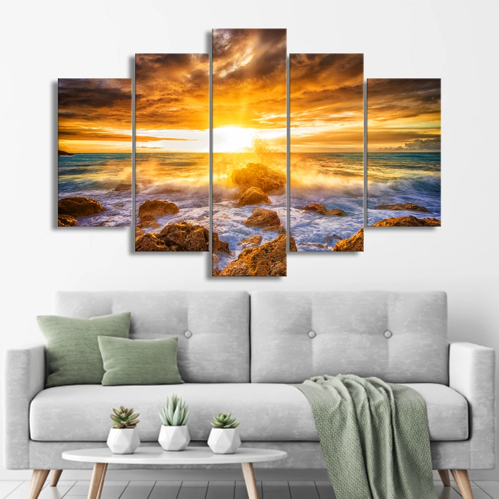 5 Pieces Modern Wall Art Canvas Unframed Modular Sunrise Panel Print Painting Decorative Sunset Seascape Picture Home Decor | Дом и сад