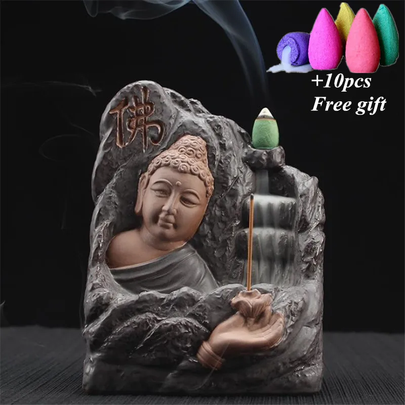 

New Ceramic Handicraft Buddha Backflow Incense Burner Waterfall Incense Holder Home Decor Aromatherapy Censer+10Pcs Free Cones