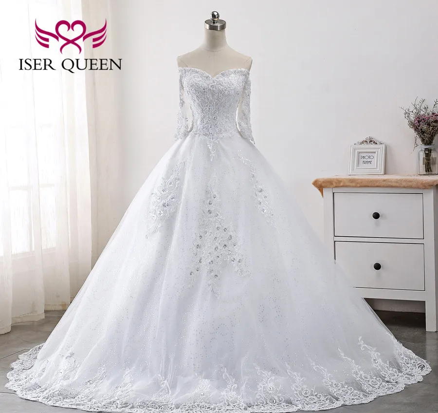 

Beautiful Beading Half Sleeves New Wedding Dress 2019 Fancy Embroidery Lace Appliques Vestido De Noiva Boat Neckline WX0001