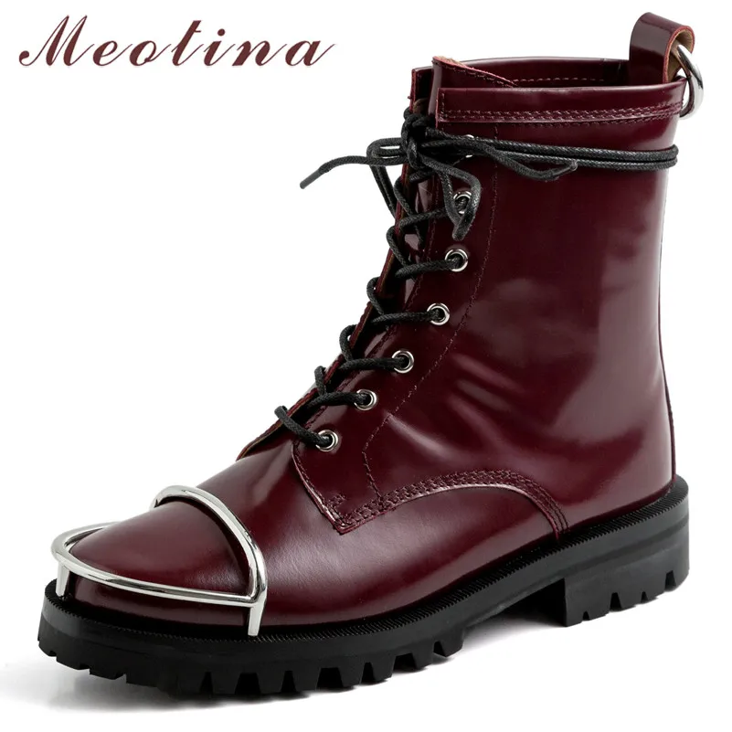 

Meotina Autumn Motorcycle Boots Women Natural Genuine Leather Flat Ankle Boots Lace Up Round Toe Shoes Female Winter Size 34-39