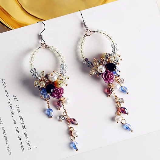 

Drop earring women handmade flower ear hook wire crystal stones hot brand ear jewelry show long cute romantic fashion jewelry