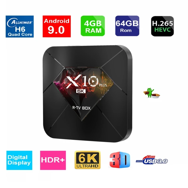 

NWD X10 Plus Android 9.0 6K Smart TV Box Quad Core 4GB RAM 32GB/64GB ROM USB3.0 WIFI H.265 HDR IPTV Set top Box 4 Media Player