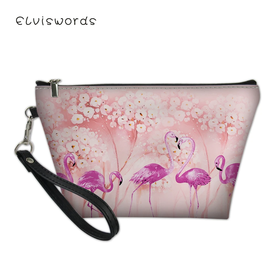 

ELVISWORDS Women's Cosmetic Bags Flower Flamingos Prints Pattern Female Small Travel Make Up Bag Girls Organizer Toiletry Bag