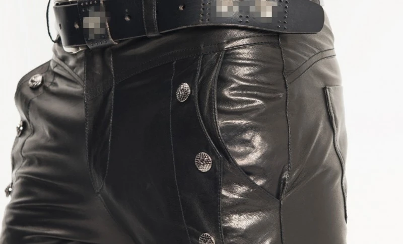 Высокое качество Брендовые мужские Новые полные брюки с заклепками прямые брюки мужские из натуральной кожи овчины тонкие Клубные