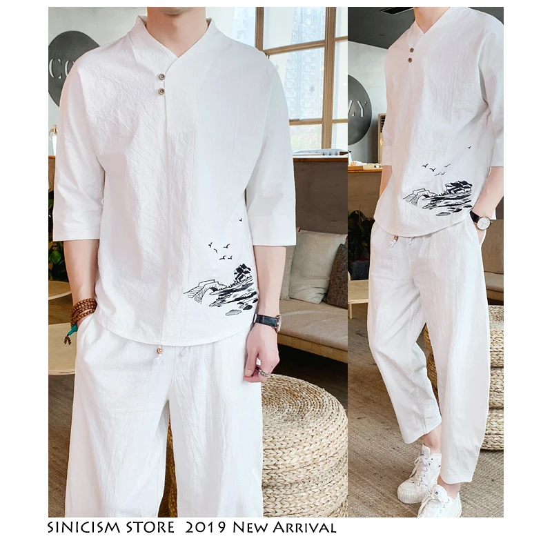 Sinicism Store Harajuku, мужской спортивный костюм с вышивкой,, мужские летние льняные комплекты для бега, Мужская Уличная одежда, китайские комплекты из 2 предметов