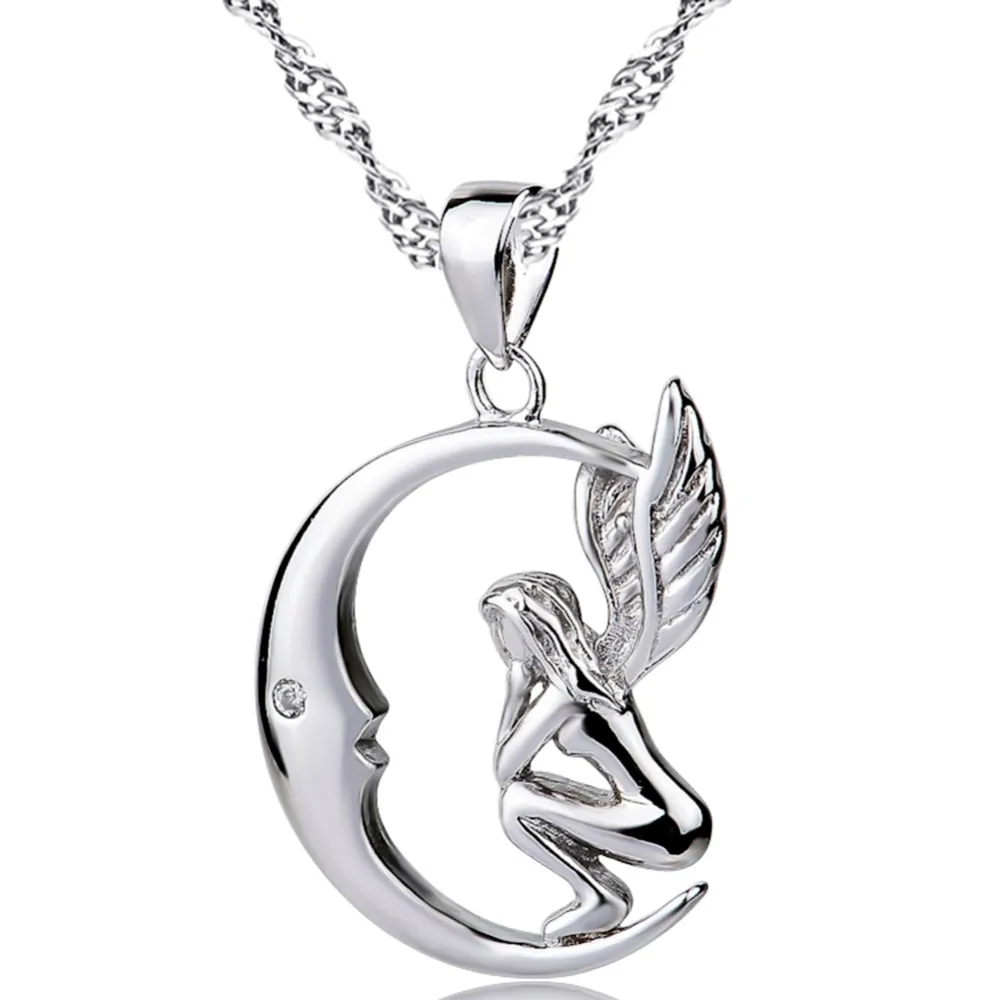 

925 Sterling Silver Locket Women Moon and Angel Wings Pendant Necklace
