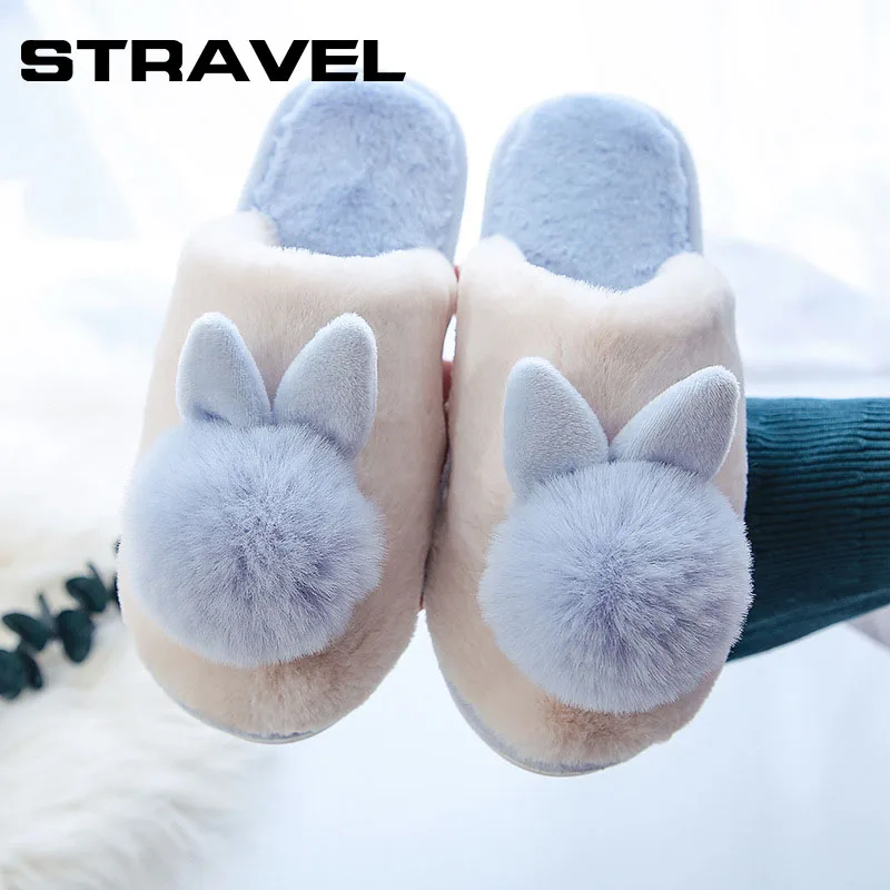 

STRAVEL Women Cotton Slippers Cartoon Rabbit Ears Indoor Home Cute Female Slippers Animal Warm Non-slip Shoes