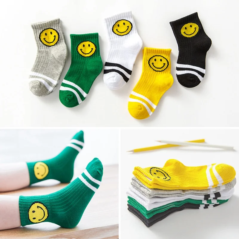 New Cotton Kid's Socks Autumn And Winter Cartoon Smiley Number Sport Stripe Boys Girl Socks Children Socks 5 Pairs