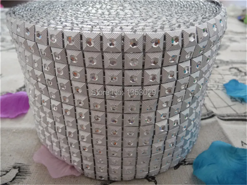 

Free Shipping 12rows 4"x 10Yards Square Diamond Silver Studded Diamond Mesh Wrap Rhinestone Crystal Ribbon Roll Wedding Decors