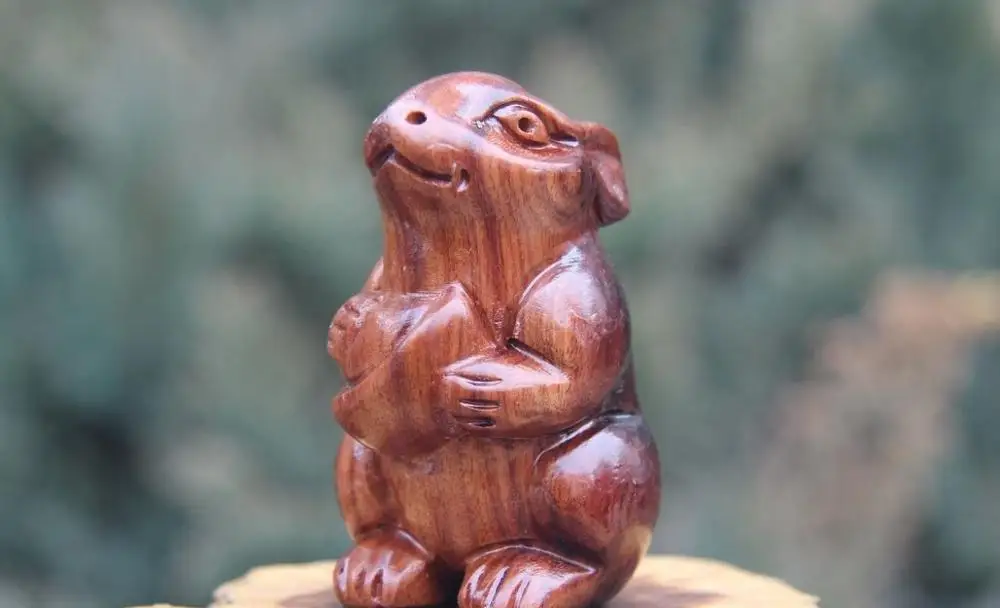

6 CM Chinese Zodiac Animal Boxwood Handwork Carved mouse rat Wealth Beast Statue