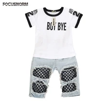 Новая модная футболка с короткими рукавами для маленьких девочек, топы, сетчатые джинсовые штаны с дырками, джинсовая одежда