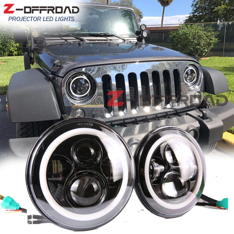 For Jeep Wrangler JK headlamp with Amber turn signal light 7" LED H4 headlight with white halo