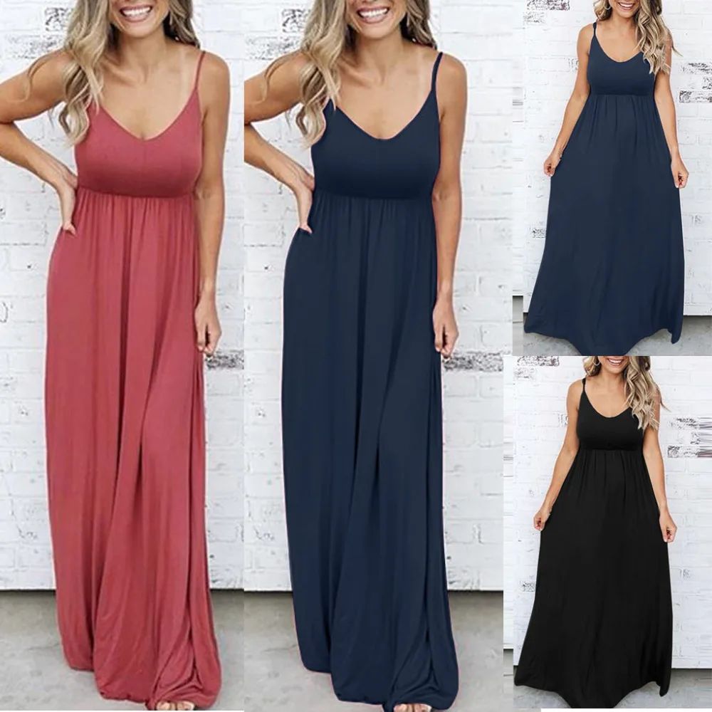 

181226 Women Beach Dress Sexy Sleeveless Solid Color casual sexy holiday party long dress maxi dress summer 2019 370#5