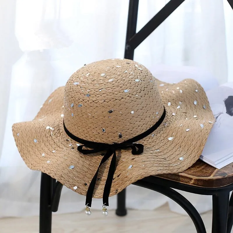 

Beach Hat Cappello New Spring Summer Hats For girl Flower Beads Wide Brimmed Jazz Panama Hat Chapeu Feminino Sun Visor