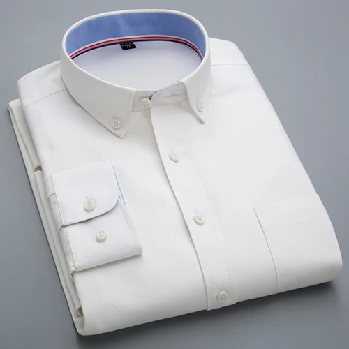 Мужская однотонная оксфордская Базовая рубашка с длинным рукавом, с левым нагрудным карманом, Мужская умная Повседневная приталенная Рабочая Рубашка на пуговицах - Цвет: Белый