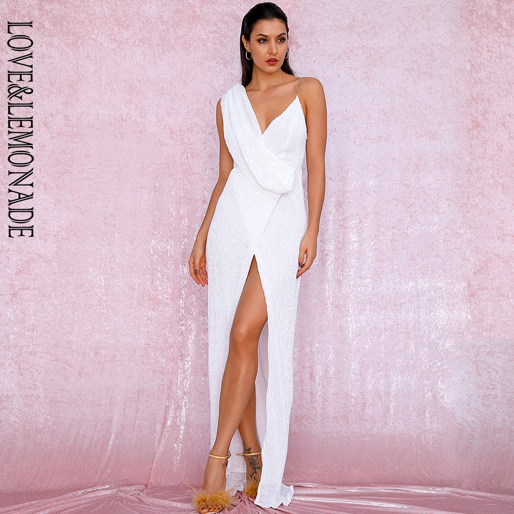 LOVE&LEMONADE Sexy White Deep V Neck Whit Split Sequins Party Maxi ...