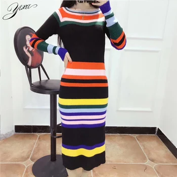 

New Woman Autumn Sheath Knitted Dress Slash Neck Sexy Female Bodycon Mid Dress Full Sleeve Female Casual Party Dresses Warm