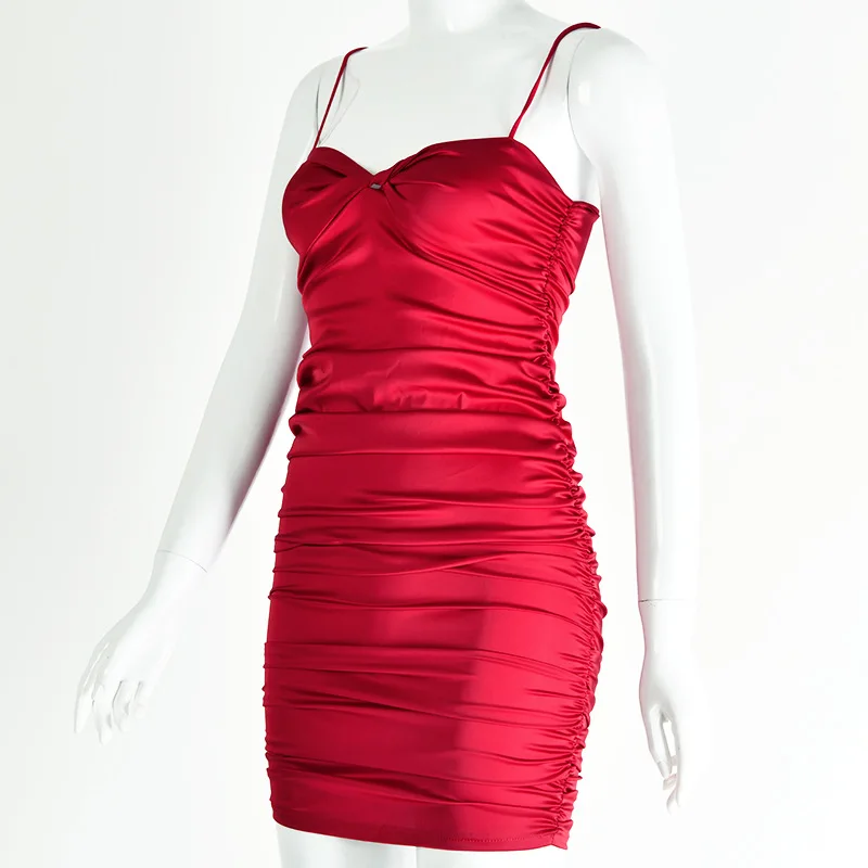 Лето, элегантное сексуальное шелковое атласное платье с бретельками-спагетти, короткое красное клубное мини-платье, женские вечерние платья бодикон с рюшами