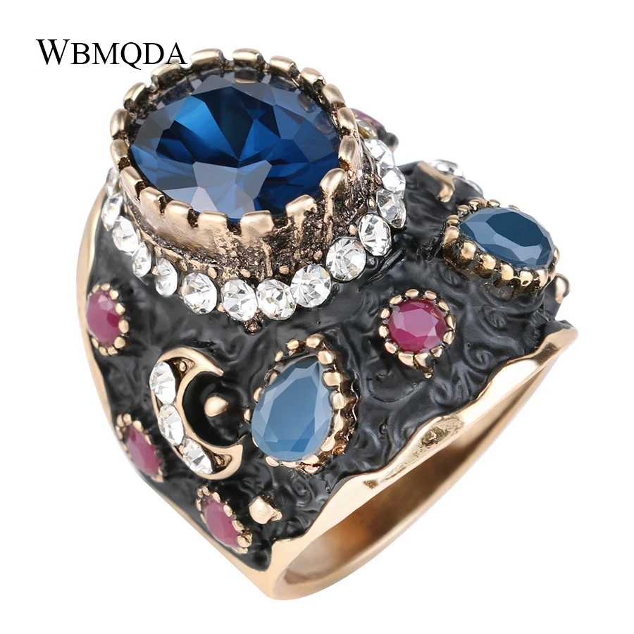 

Luxury Ethnic Big Black Enamel Ring Blue Stone Crystal Sun Moon Star Rings For Women Vintage Gold Accessories Bohemian Jewelry