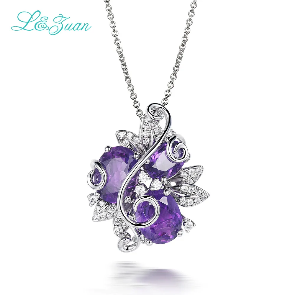 L& zuan, овальная огранка, натуральный бразильский аметист, Подвеска для женщин, в 925 пробы, серебро, AAA+ белый CZ, проложили, прекрасный цветок, ожерелье - Цвет камня: Фиолетовый
