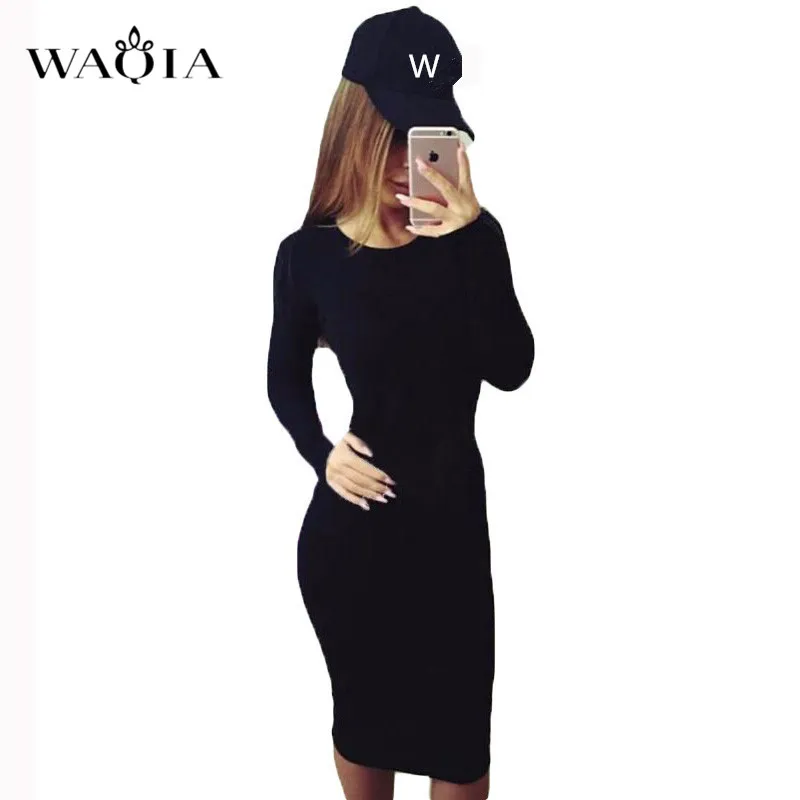 WAQIA Мода 2018 женское облегающее Повседневное платье с длинным рукавом и круглым