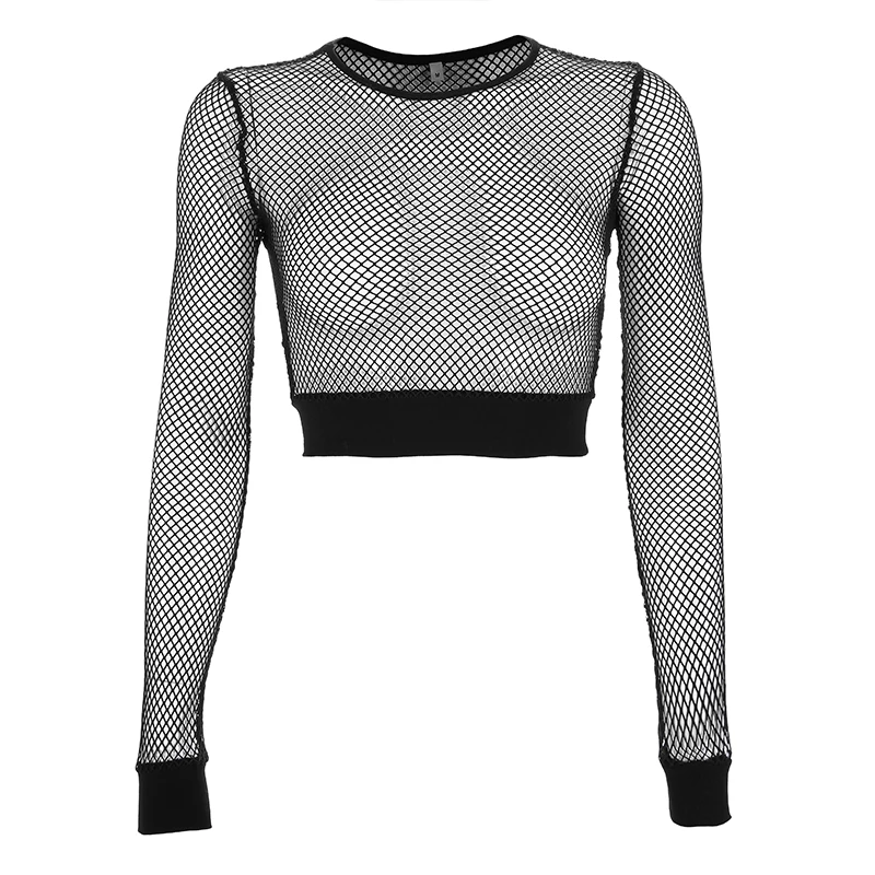 Rapwriter Sexy Black Hollow Out Mesh T-shirt Female Skinny Crop Top New Fashion Summer Basic Tops For Women Fishnet Shirt