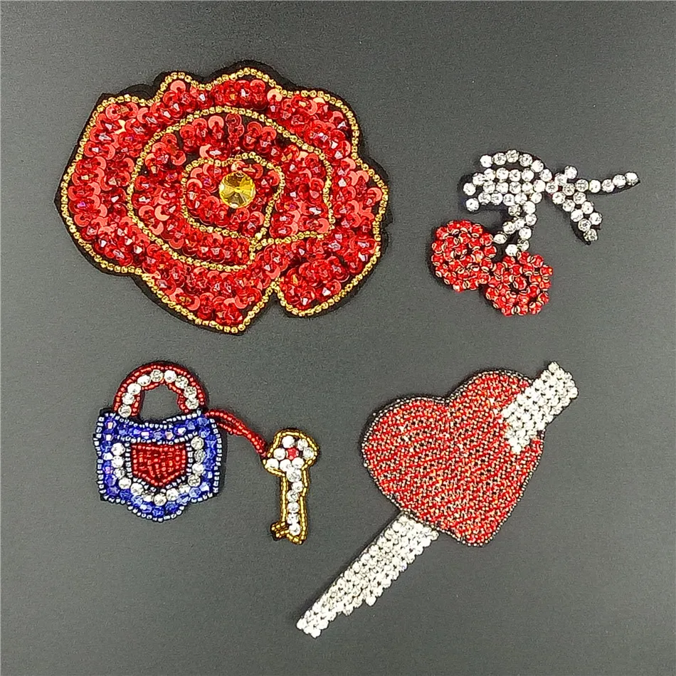 

Handmade Rhineston beaded Patches flower rose cherry key love heart Sew on crystal patch for clothing beading Applique