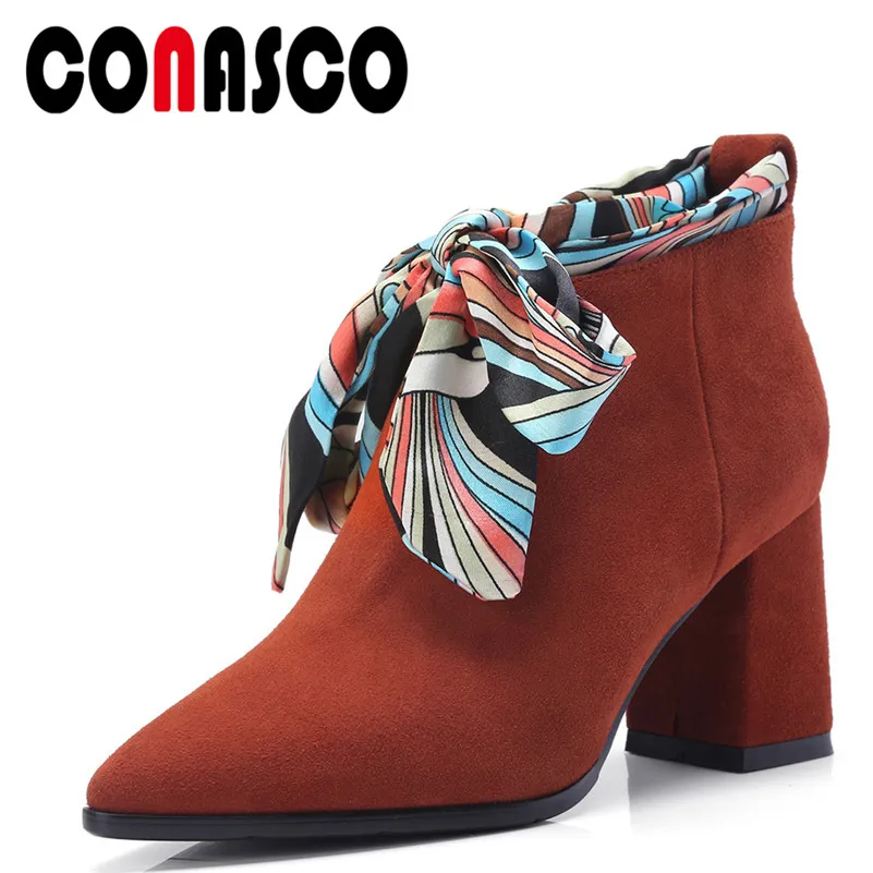 

CONASCO New Women Ankle Boots Riband Office Career Basic Boots Pointed Toe Suede Leather Autumn Winter High Heels Shoes Woman