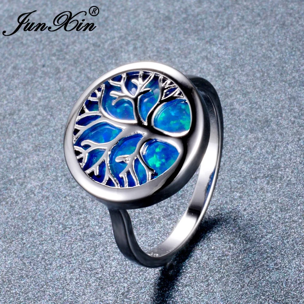 

JUNXIN Tree Of Life Blue Fire Opal Big Rings For Women 925 Silver Filled Ring Fashion Wedding Band Inspirational Jewelry