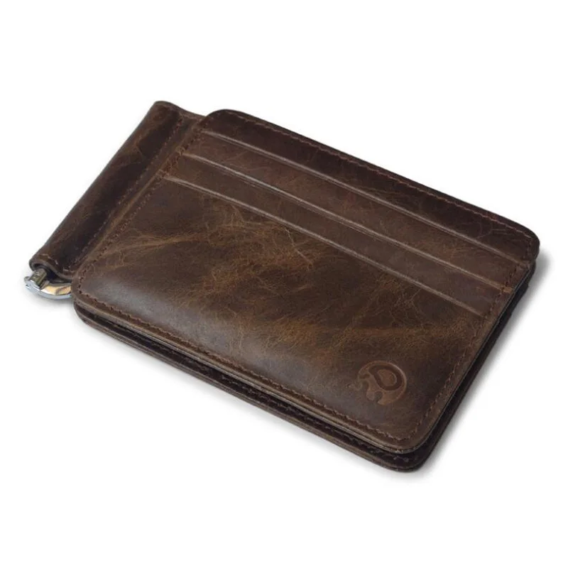 Vintage Men's Genuine Leather Money Clip Wallet With 12 Card Slots Metal Clamp Purse For Man metal money clip leather bill organizer