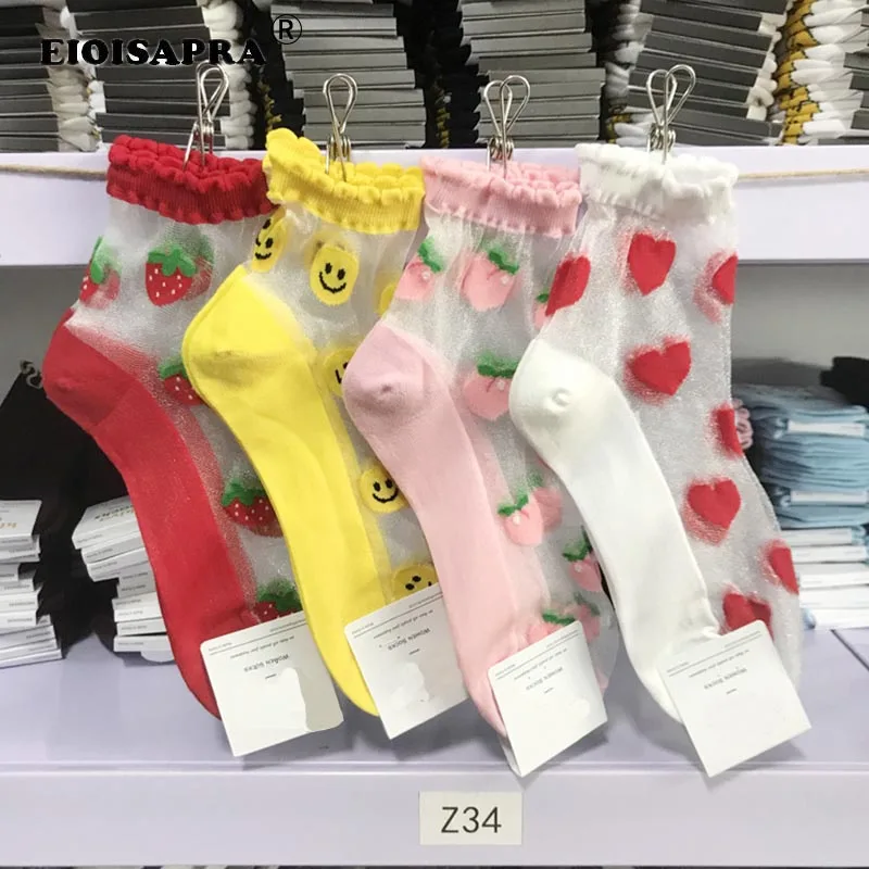 

[EIOISAPRA]Casual Fashion Harajuku Breathable Funny Socks Women Candy Color Fruit Crystal Silk Lovely Smiling Face Happy Socks