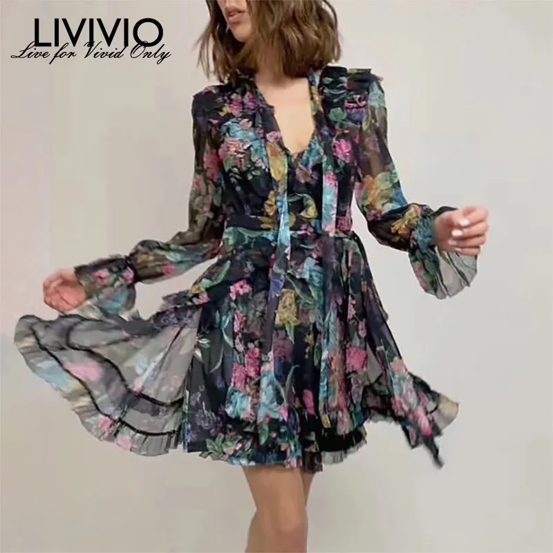 

[LIVIVIO] Vintage Print Women Dress V Neck Flare Sleeve High Waist Bandage Slim Asymmetrical Mini Dresses Female Fashion 2019