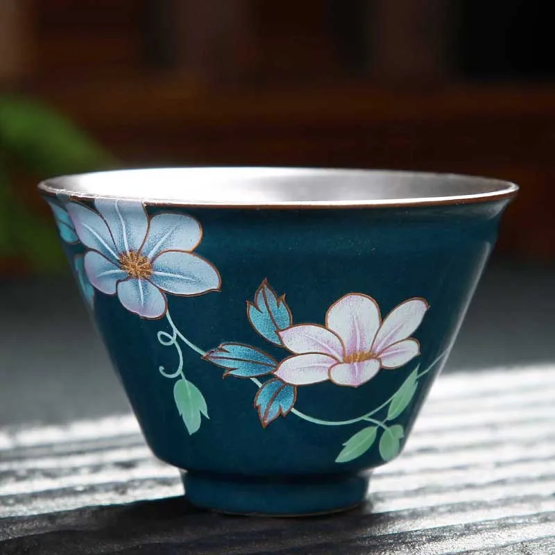 Голубая и белая Серебряная чашка на гриле с цветком из стерлингового серебра, большая чашка ручной работы с кунг-фу, маленькая чашка - Цвет: Светло-желтый