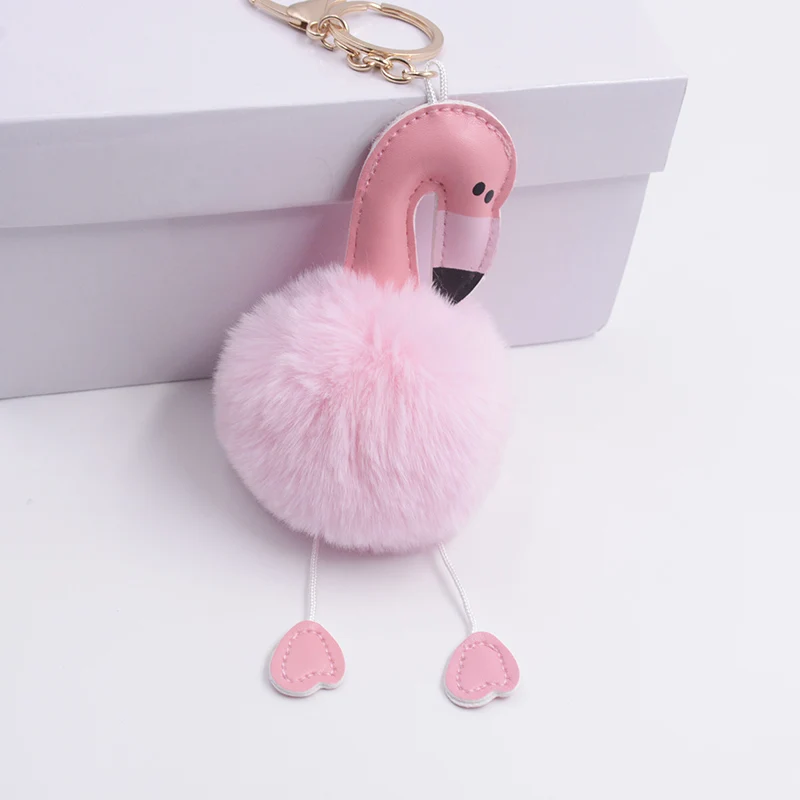 

Fashion Flamingo Keychain Pu Leather Birds Key Chain Pompom Fur Key Holder Cover Women Bag Charm Pendant Accessories Chaveiro