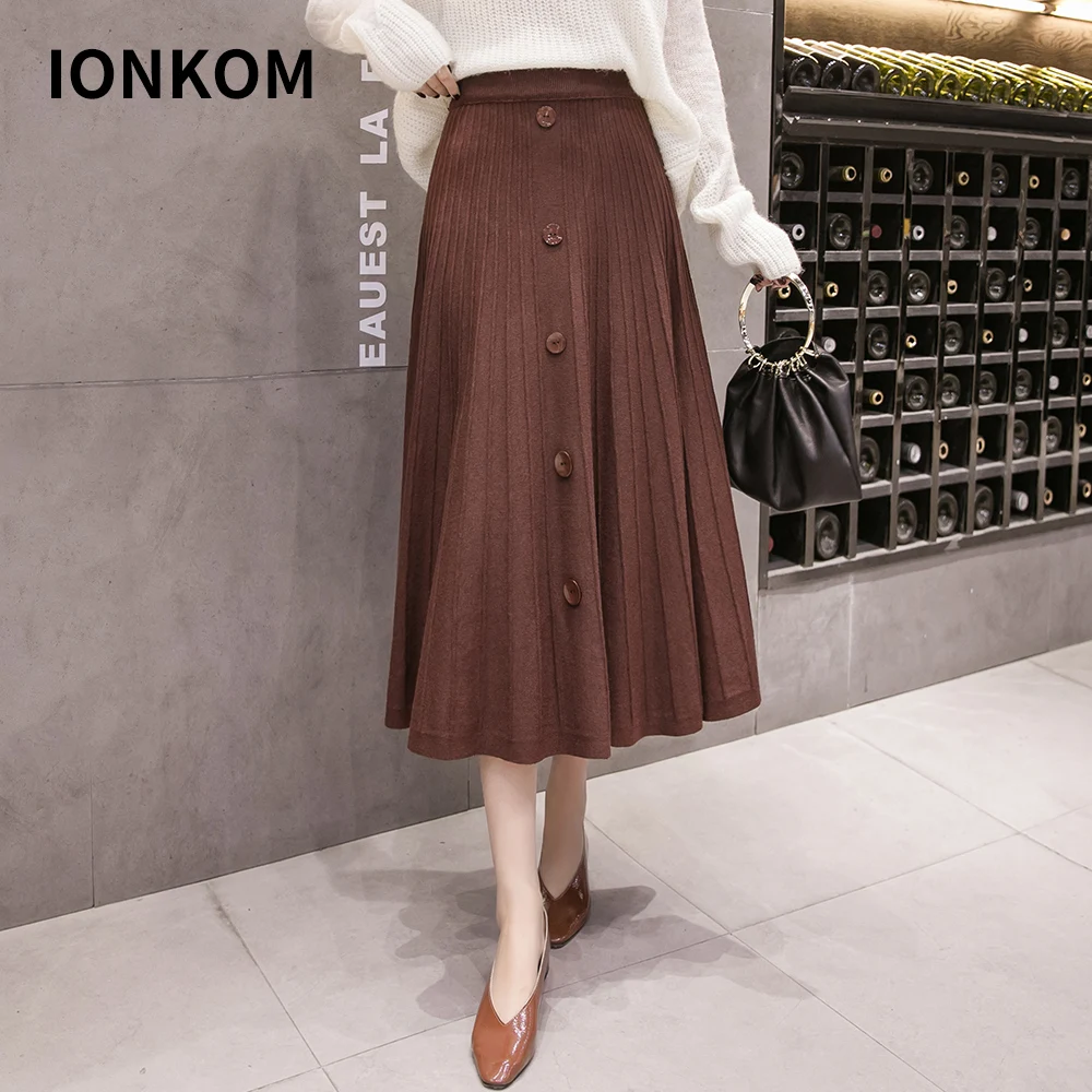IONKOM элегантная женская трикотажная плиссированная юбка эластичная высокая посадка на пуговице универсальная осенне-зимняя повседневная женская юбка до середины икры