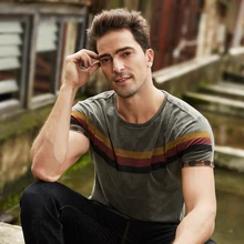 GustOmerD2019 Summer New Men's T-shirt Casual Slim Round Neck Short-sleeved Shirt Striped Print Cotton T-shirt Men
