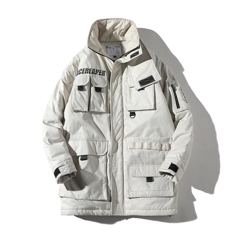 

Men Winter Cargo Parkas Jacket Male Stand Collar Casual Cotton Padded Coat Streetwear Long Warm Think Jacket Overcoat