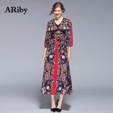 Women Dress 2019 Spring and Summer New High-end Lady Temperament Retro Printed Dress V Collar Bubble Sleeve Long A-Line Dresses