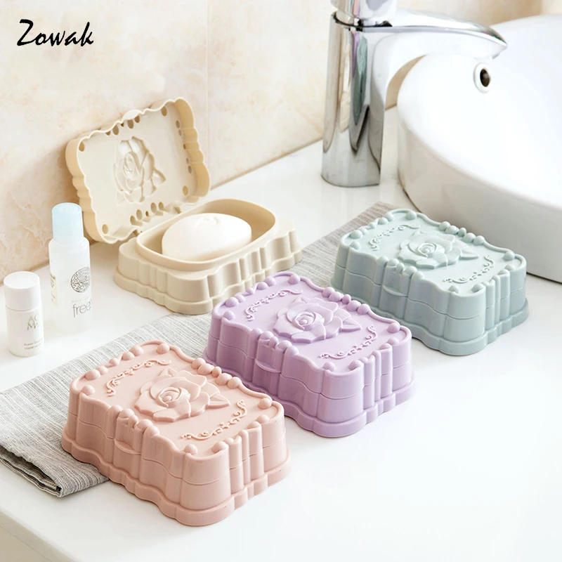 Details about   Rose Soap Dish Holder with Lid Box Draining Tray Plate Storage Case Bathroom 