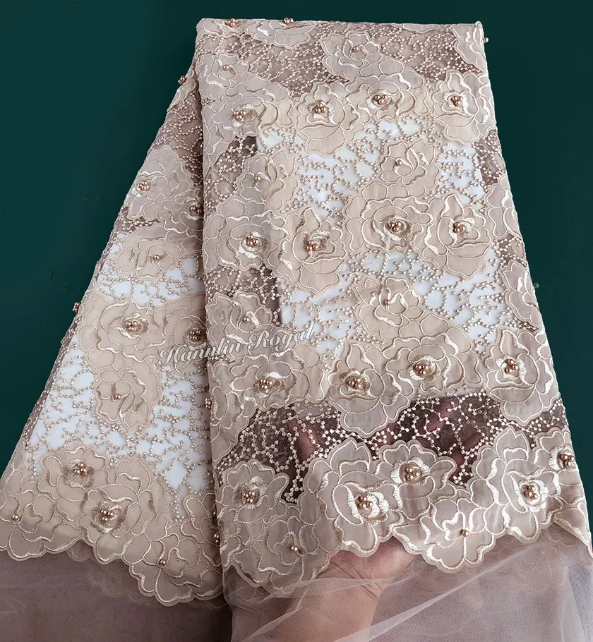Dotted embroidery Champagne beaded french lace fabric African tulle