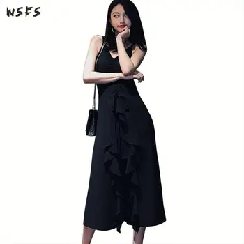 

Summer Asymmetrical Dress Spaghetti Strap Black Ruffles Women Dresses Backless Elegant Drawstring Ladies Slim Sexy Party Dress